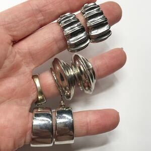 Vintage Heavy Chunky Silver Hoop Earrings 80s 90s Ribbed Hoop Shrimp Lot Bundle